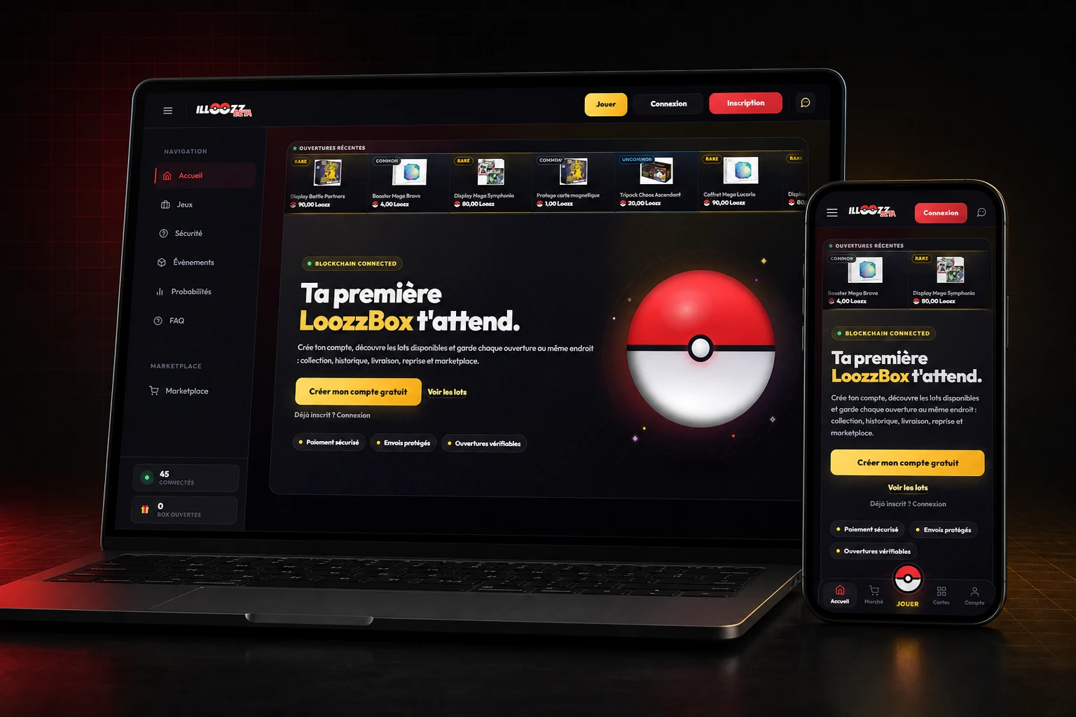 Interfaces desktop et mobile du concept Illoozz sur un laptop et un smartphone
