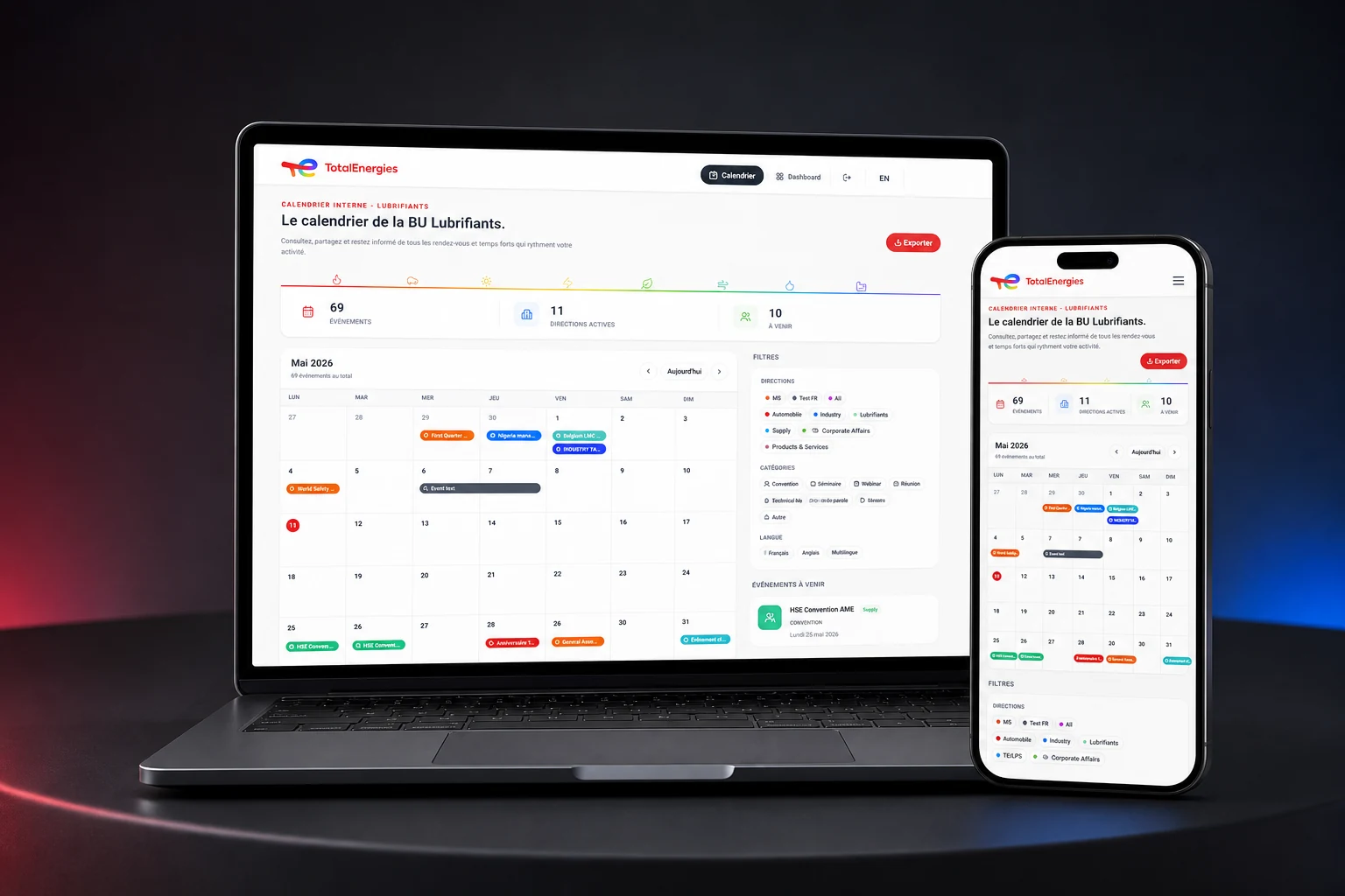 Calendrier TotalEnergies présenté sur un laptop et un smartphone dans un studio aux couleurs du groupe