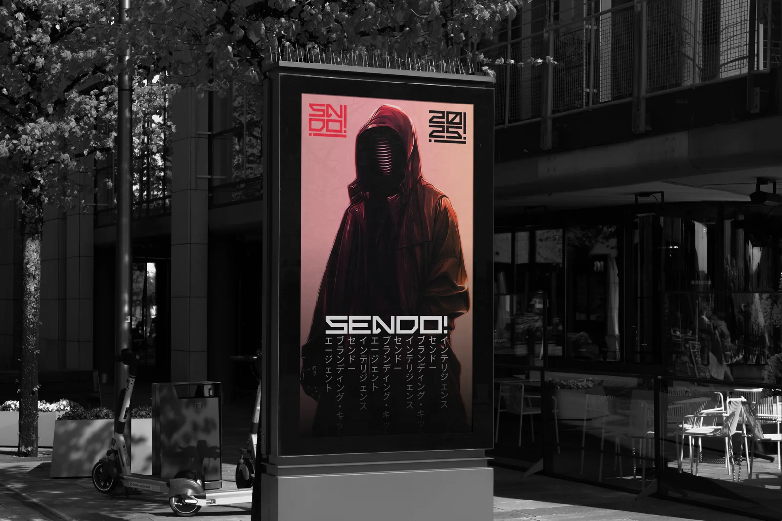 Affiche urbaine Sendo.Market mettant en scène le personnage de marque