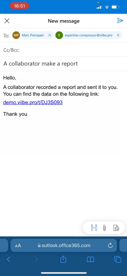 Écran mobile Outlook partageant un rapport ViiBE par email