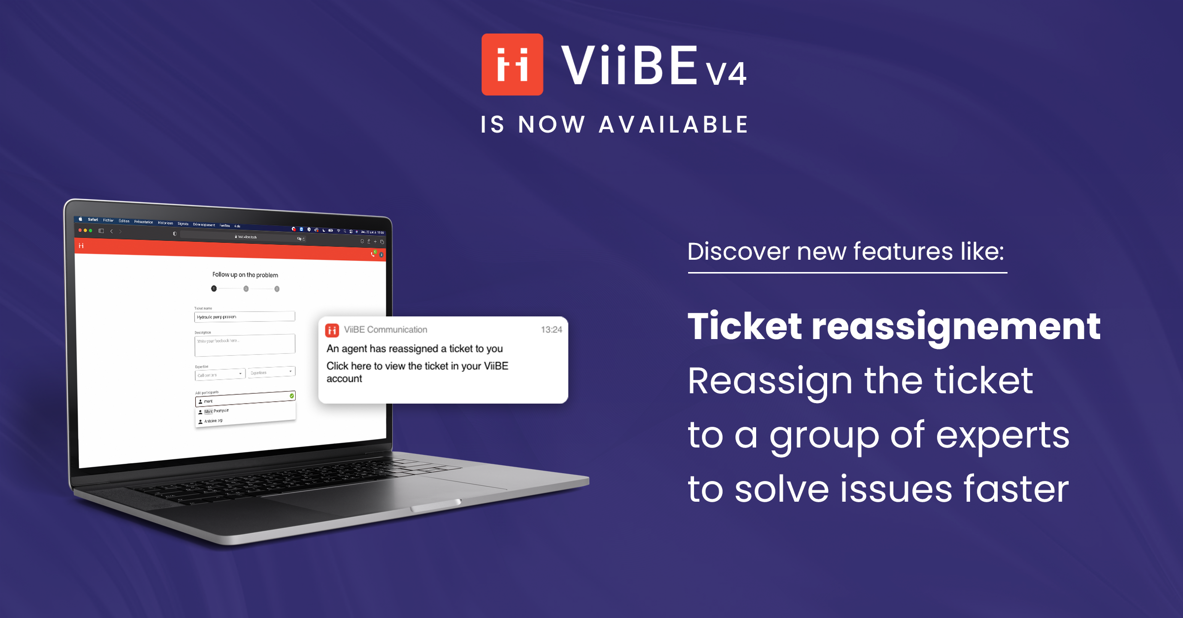 Bannière ViiBE V4 présentant la réassignation d’un ticket